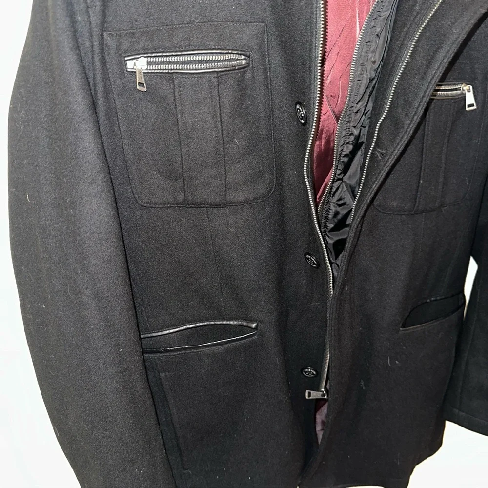 Cole Haan Men’s Medium Black Wool Blend Melton Button & Zip Up Winter Pea Coat